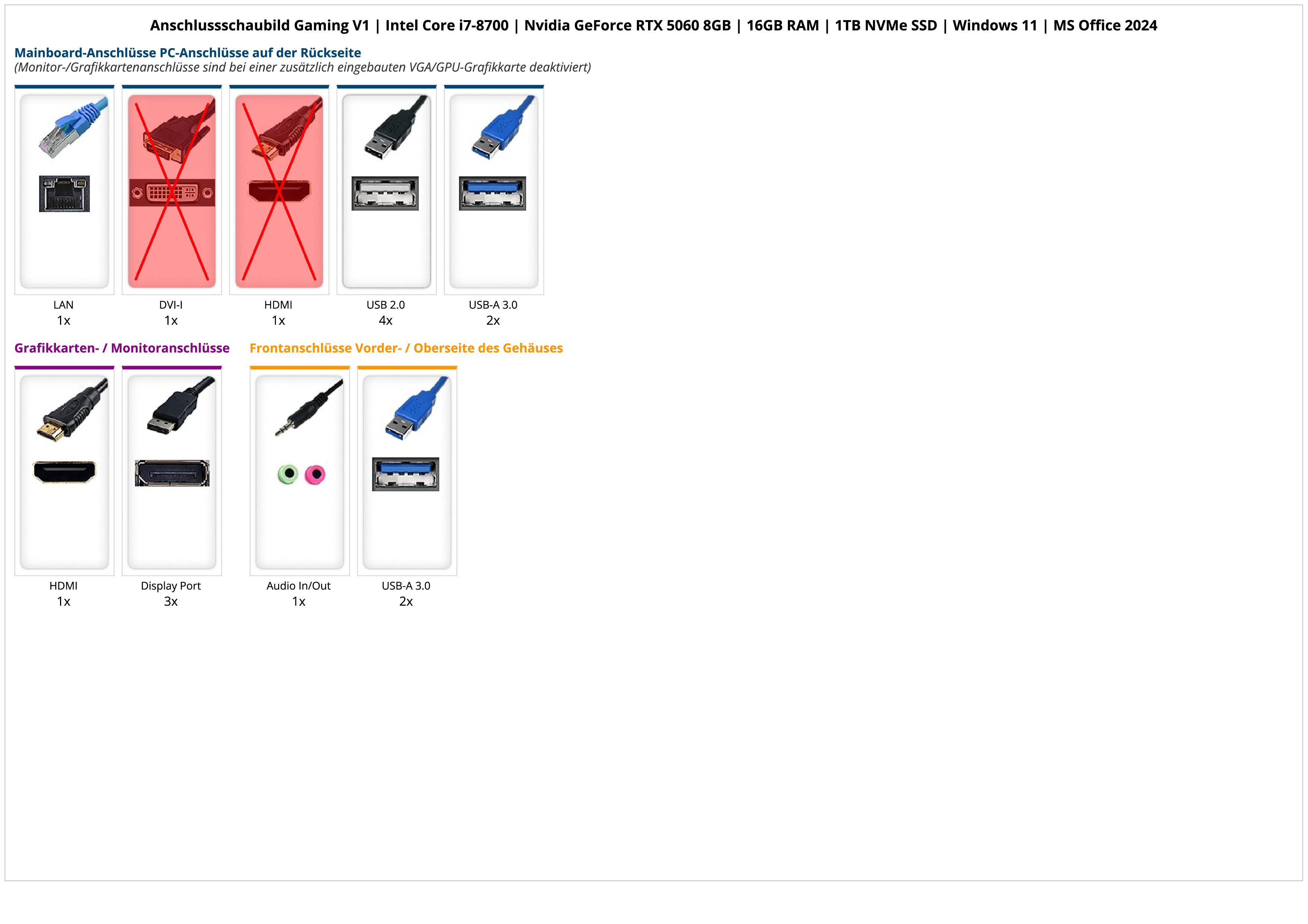 Gaming V1 | Intel Core i7-8700 | Nvidia GeForce RTX 5060 8GB | 32GB RAM | 1TB NVMe SSD | Windows 11 | WLAN | MS Office 2024 Gaming V1 | Intel Core i7-8700 | Nvidia GeForce RTX 5060 8GB | 32GB RAM | 1TB NVMe SSD | Windows 11 | WLAN | MS Office 2024