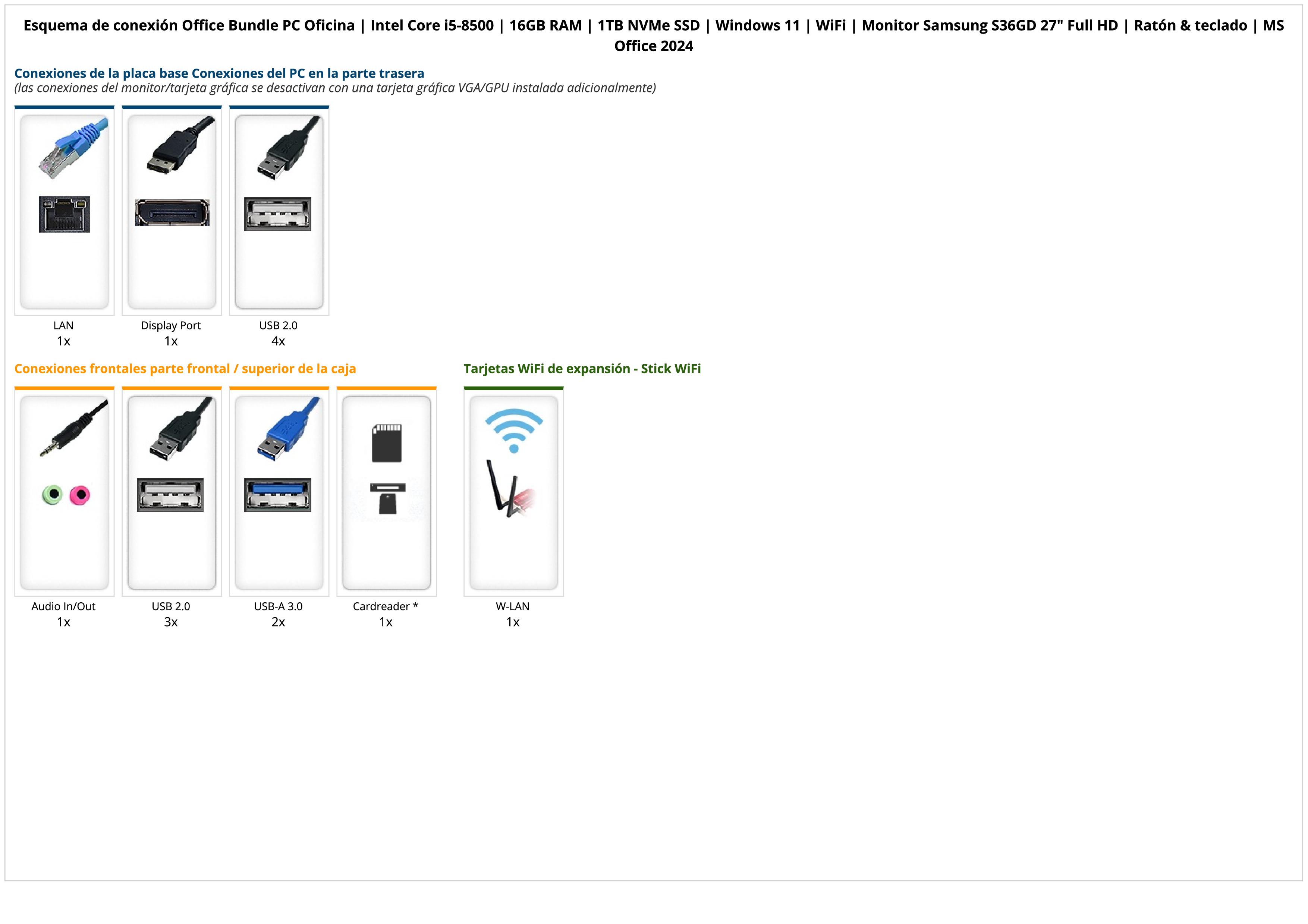 Office Bundle PC Oficina | Intel Core i5-8500 | 16GB RAM | 1TB NVMe SSD | Windows 11 | WiFi | Monitor Samsung S36GD 27" Full HD | Ratón & teclado | MS Office 2024