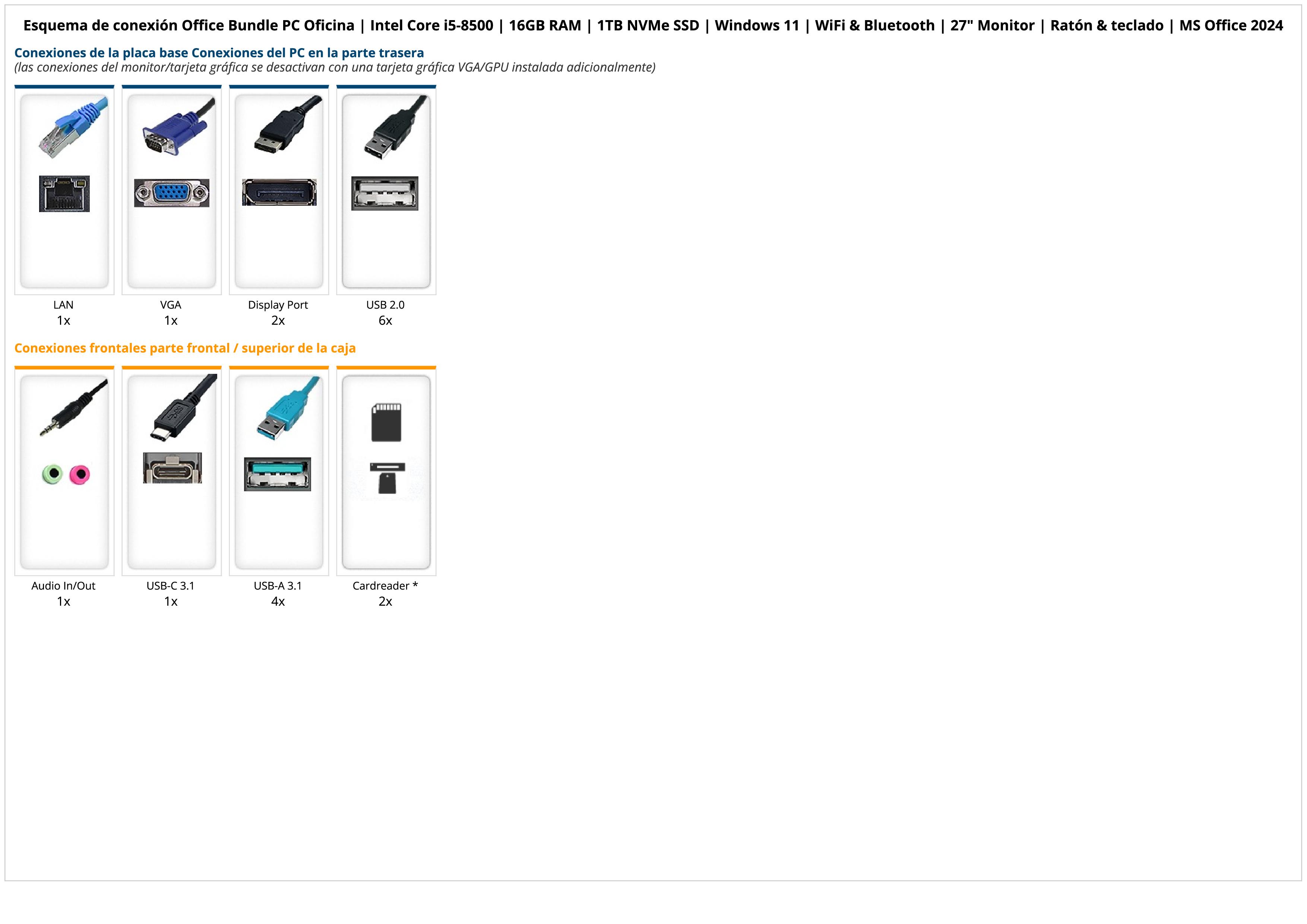 Office Bundle PC Oficina | Intel Core i5-8500 | 16GB RAM | 1TB NVMe SSD | Windows 11 | WiFi & Bluetooth | 27" Monitor | Ratón & teclado | MS Office 2024 Office Bundle PC Oficina | Intel Core i5-8500 | 16GB RAM | 1TB NVMe SSD | Windows 11 | WiFi & Bluetooth | 27" Monitor | Ratón & teclado | MS Office 2024