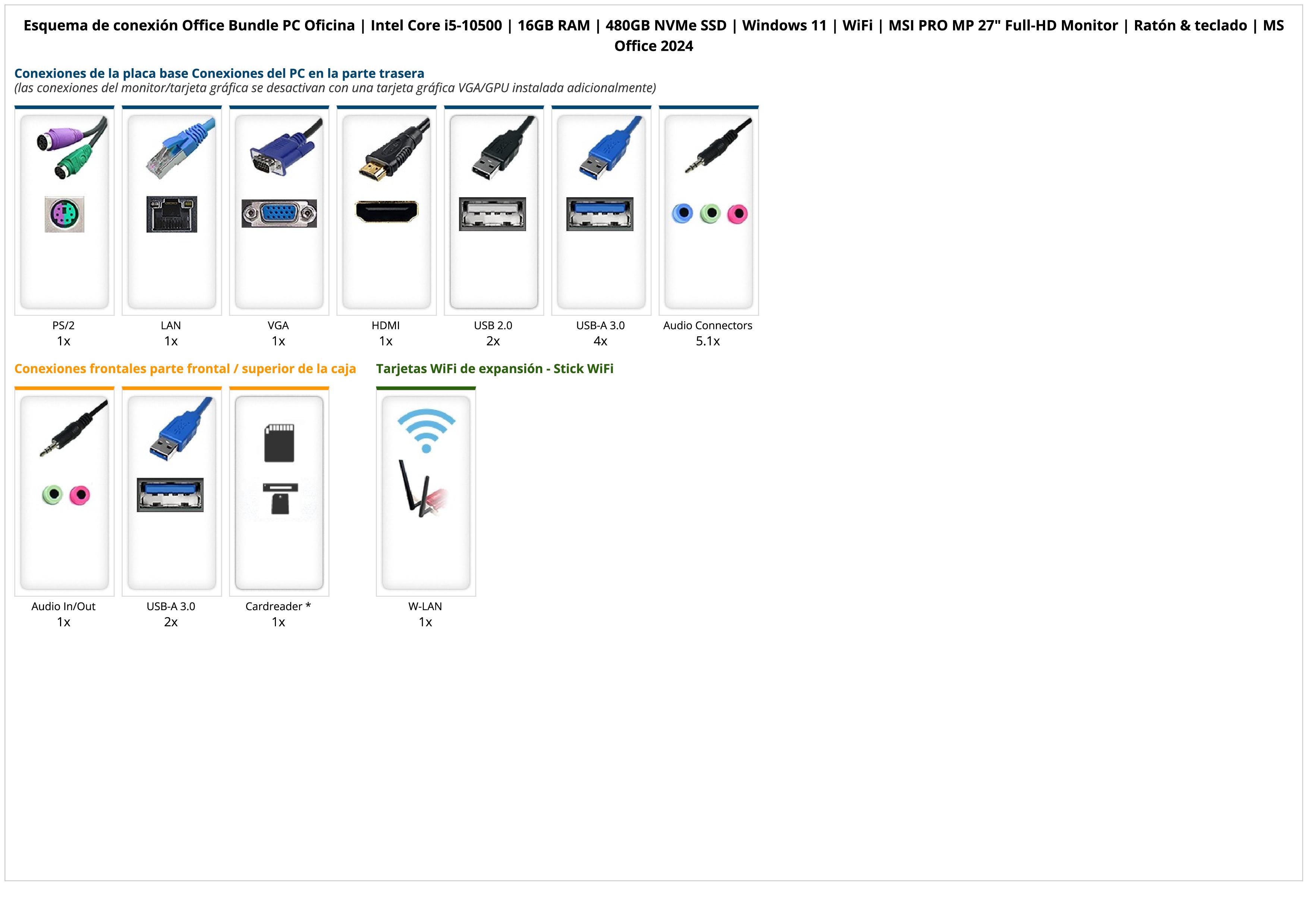 Office Bundle PC Oficina | Intel Core i5-10500 | 16GB RAM | 480GB NVMe SSD | Windows 11 | WiFi | MSI PRO MP 27" Full-HD Monitor | Ratón & teclado | MS Office 2024 Office Bundle PC Oficina | Intel Core i5-10500 | 16GB RAM | 480GB NVMe SSD | Windows 11 | WiFi | MSI PRO MP 27" Full-HD Monitor | Ratón & teclado | MS Office 2024