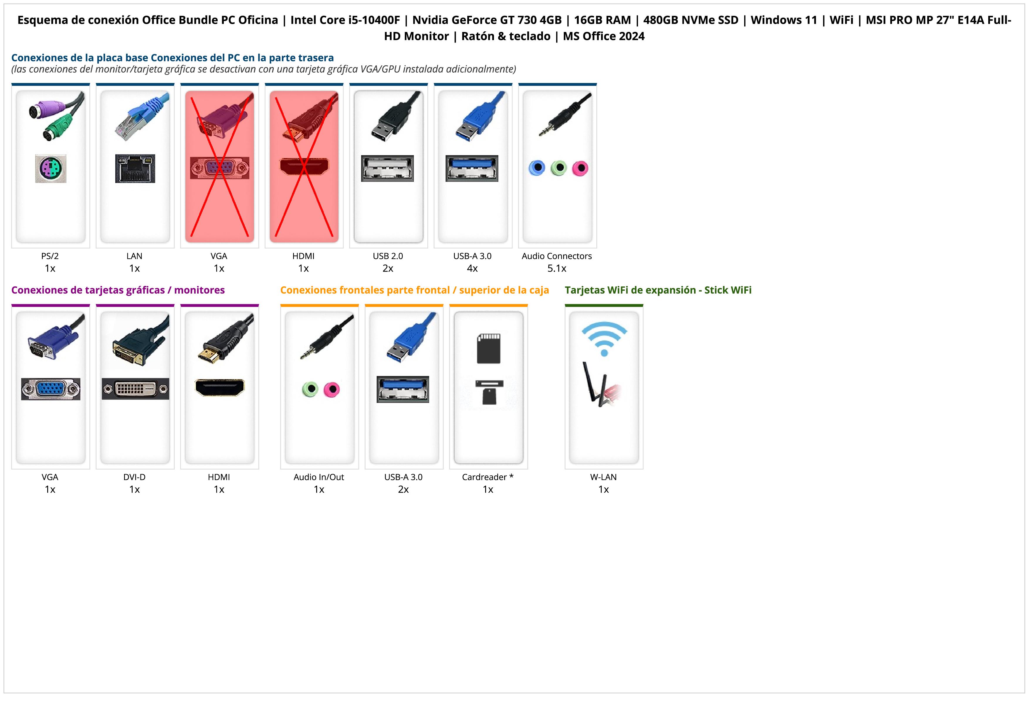 Office Bundle PC Oficina | Intel Core i5-10400F | Nvidia GeForce GT 730 4GB | 16GB RAM | 480GB NVMe SSD | Windows 11 | WiFi | MSI PRO MP 27" E14A Full-HD Monitor | Ratón & teclado | MS Office 2024 Office Bundle PC Oficina | Intel Core i5-10400F | Nvidia GeForce GT 730 4GB | 16GB RAM | 480GB NVMe SSD | Windows 11 | WiFi | MSI PRO MP 27" E14A Full-HD Monitor | Ratón & teclado | MS Office 2024