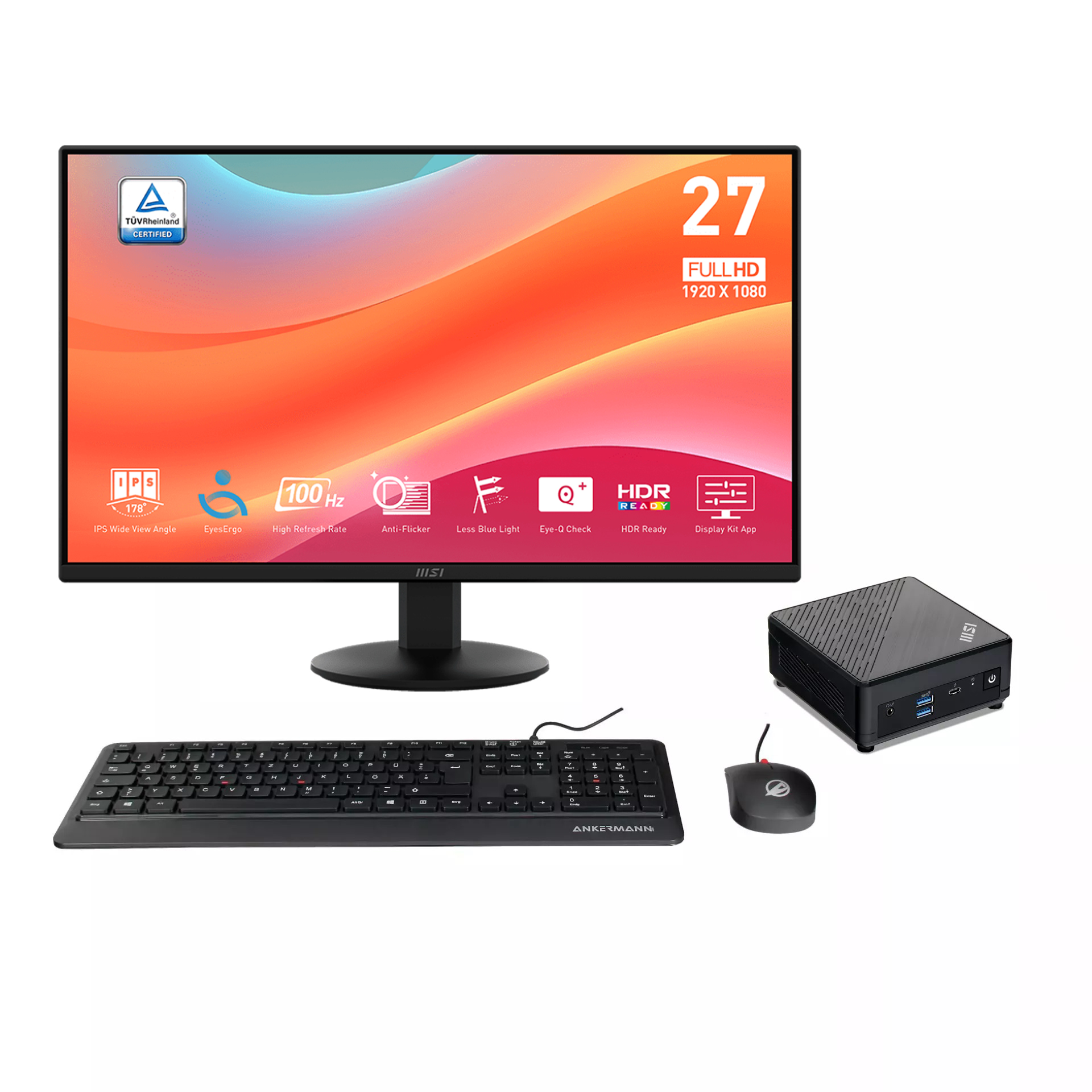 Office Cubi V3 Bundle | Intel Core i7-1255U | 32GB RAM | 1TB NVMe SSD | WLAN & BT | MSI Pro MP 27" Monitor | Maus & Tastatur | Windows 11 | MS Office 2024