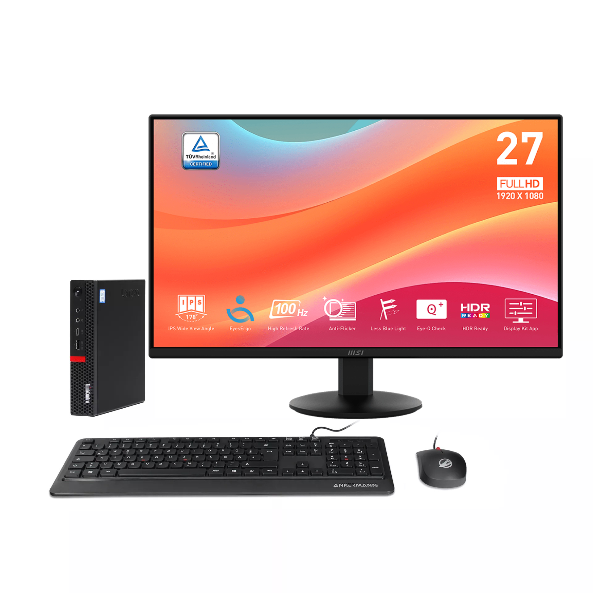 ThinkCentre M720q Mini PC Komplett-Set | Intel Core i5-8400T | 16GB RAM | 1TB NVMe SSD | Windows 11 | 27" Monitor | Maus & Tastatur | MS Office 2024
