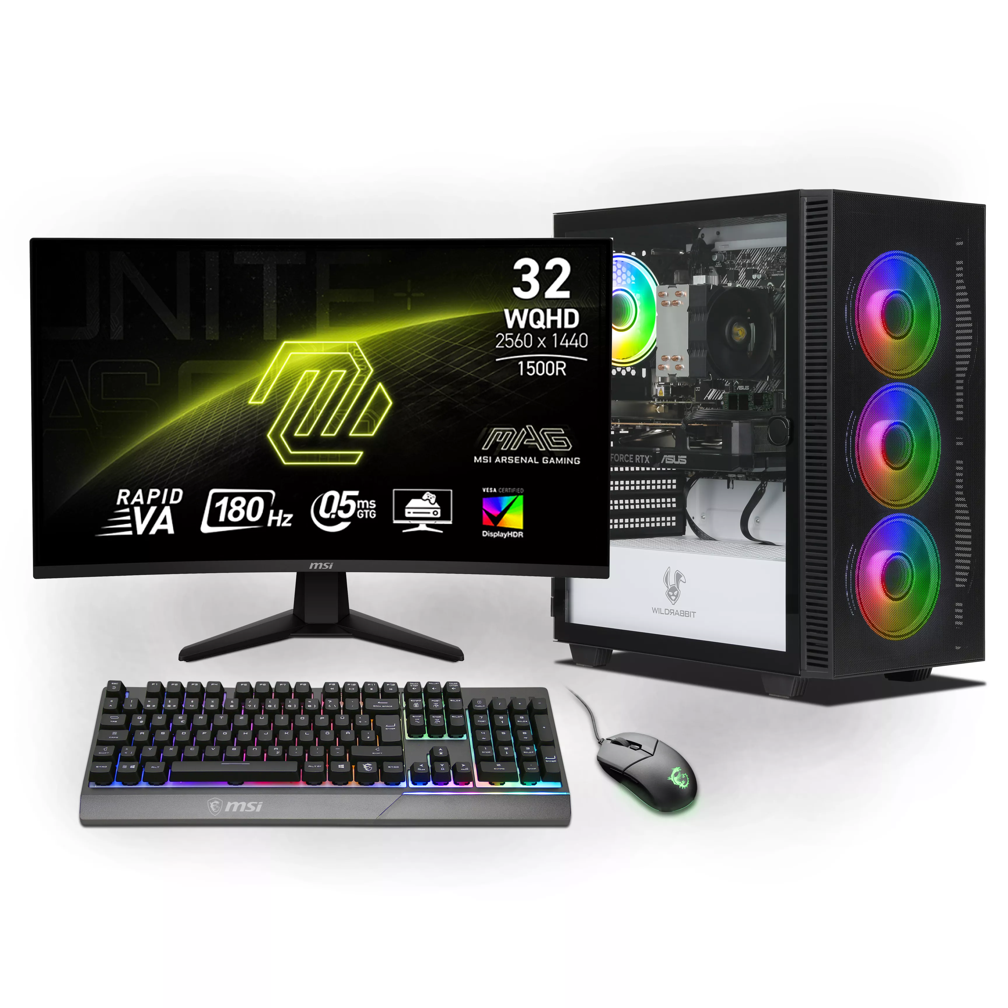 Starter Gaming Bundle | AMD Ryzen 7 5700X | Nvidia GeForce RTX 5060 8GB | 32GB RAM | 1TB NVMe SSD | Windows 11 | WLAN | MSI MAG 32" Curved WQHD Gaming Monitor | MSI Forge Maus | MSI RGB Deutsche Tastatur | Libre Office