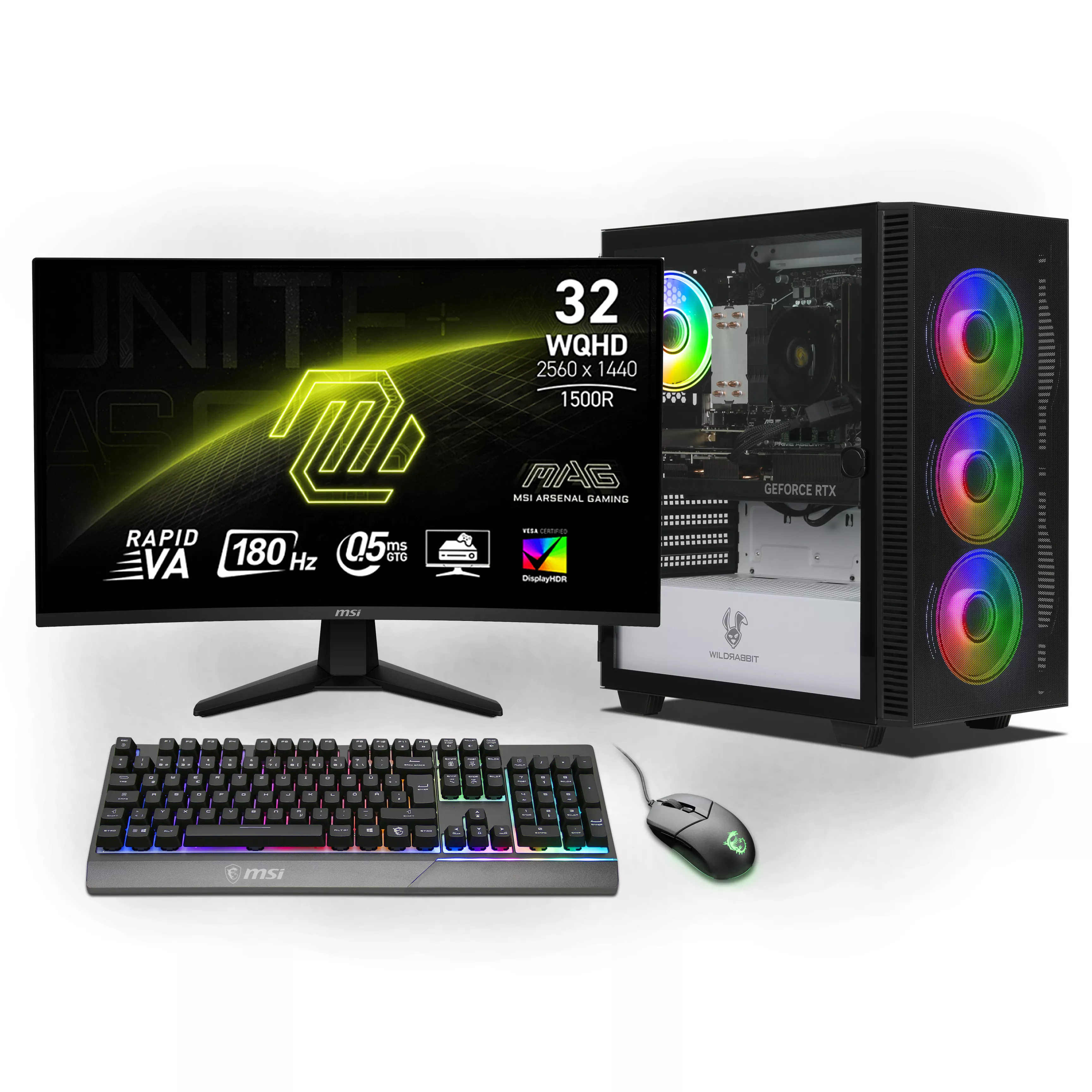 Ryzen Gaming Bundle | AMD Ryzen 7 8700F | Nvidia GeForce RTX 5070 12GB | 32GB DDR5 RAM | 1TB NVMe SSD | Windows 11 | WiFi | MSI MAG 32" Curved WQHD Gaming Monitor | MSI Forge Mouse | Tastiera tedesca RGB di MSI | Libre Office