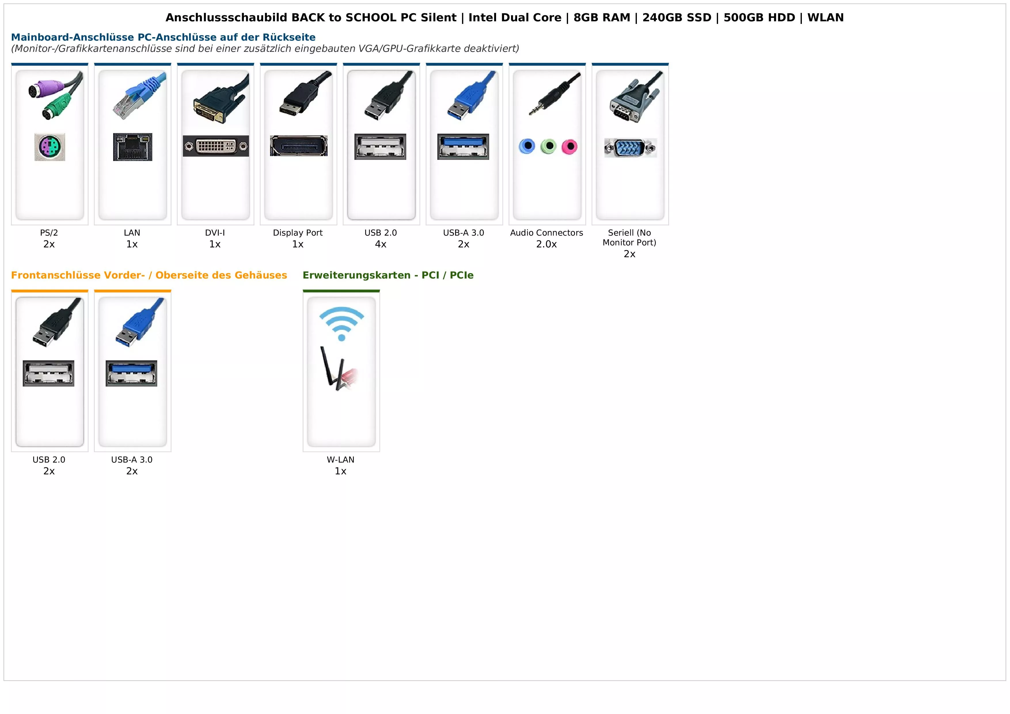 BACK to SCHOOL PC Silent | Intel Dual Core | 8GB RAM | 240GB SSD | 500GB HDD | WLAN