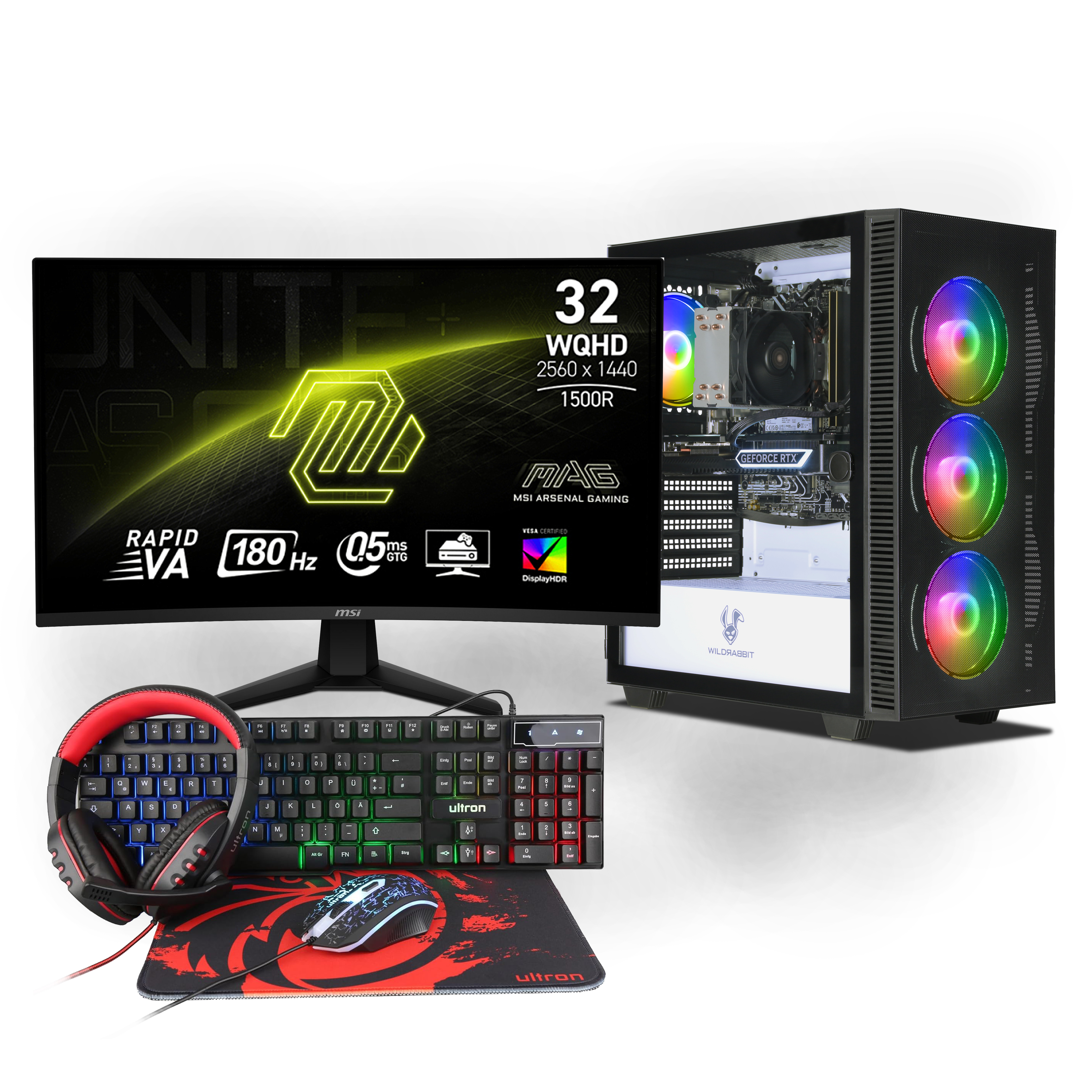 Aero Gaming Bundle | Intel Core i7-13700F | Nvidia GeForce RTX 5070 12GB | 32GB DDR5 RAM | 1TB NVMe SSD | Windows 11 | WLAN & Bluetooth | MSI MAG 32" Curved WQHD Gaming Monitor | Ultron HAWK RGB 4 in 1 Gaming Set | Libre Office