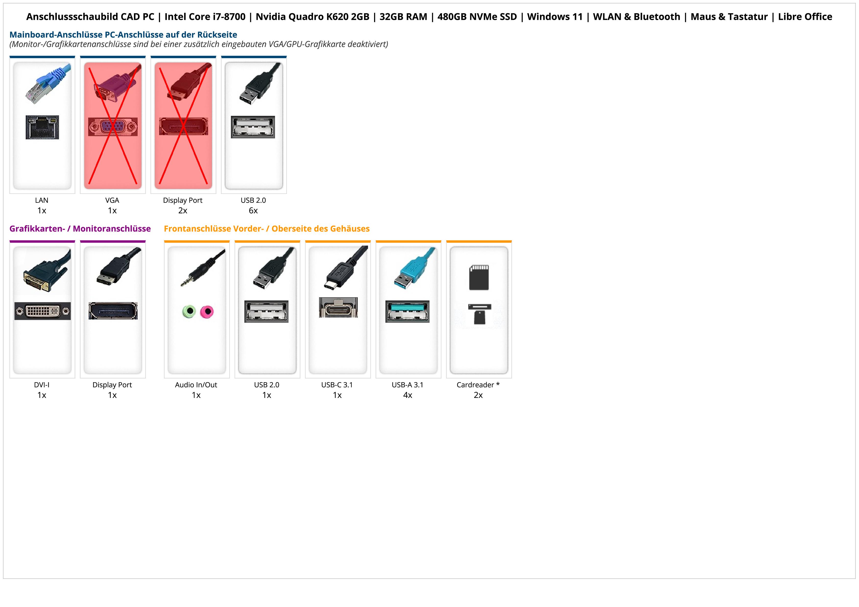 CAD PC | Intel Core i7-8700 | Nvidia Quadro K620 2GB | 32GB RAM | 480GB NVMe SSD | Windows 11 | WLAN & Bluetooth | Maus & Tastatur | Libre Office CAD PC | Intel Core i7-8700 | Nvidia Quadro K620 2GB | 32GB RAM | 480GB NVMe SSD | Windows 11 | WLAN & Bluetooth | Maus & Tastatur | Libre Office
