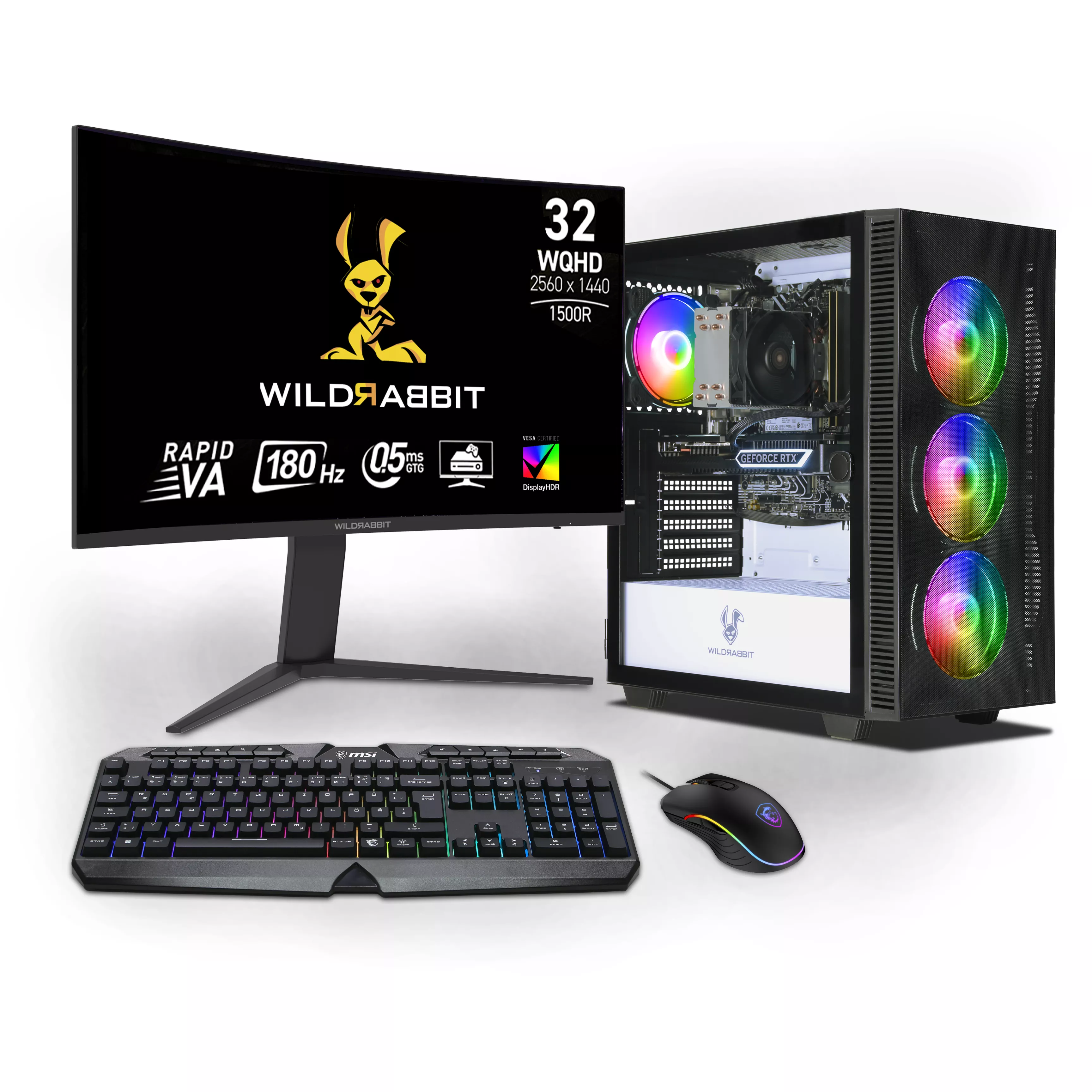 Aero Gaming Bundle | Intel Core i7-13700F | Nvidia GeForce RTX 5070 12GB | 32GB DDR5 RAM | 1TB NVMe SSD | Windows 11 | WiFi & Bluetooth | Wildrabbit GMX 32" WQHD LCD Gaming Monitor | Tastiera tedesca RGB di MSI | MSI Forge Mouse | Libre Office