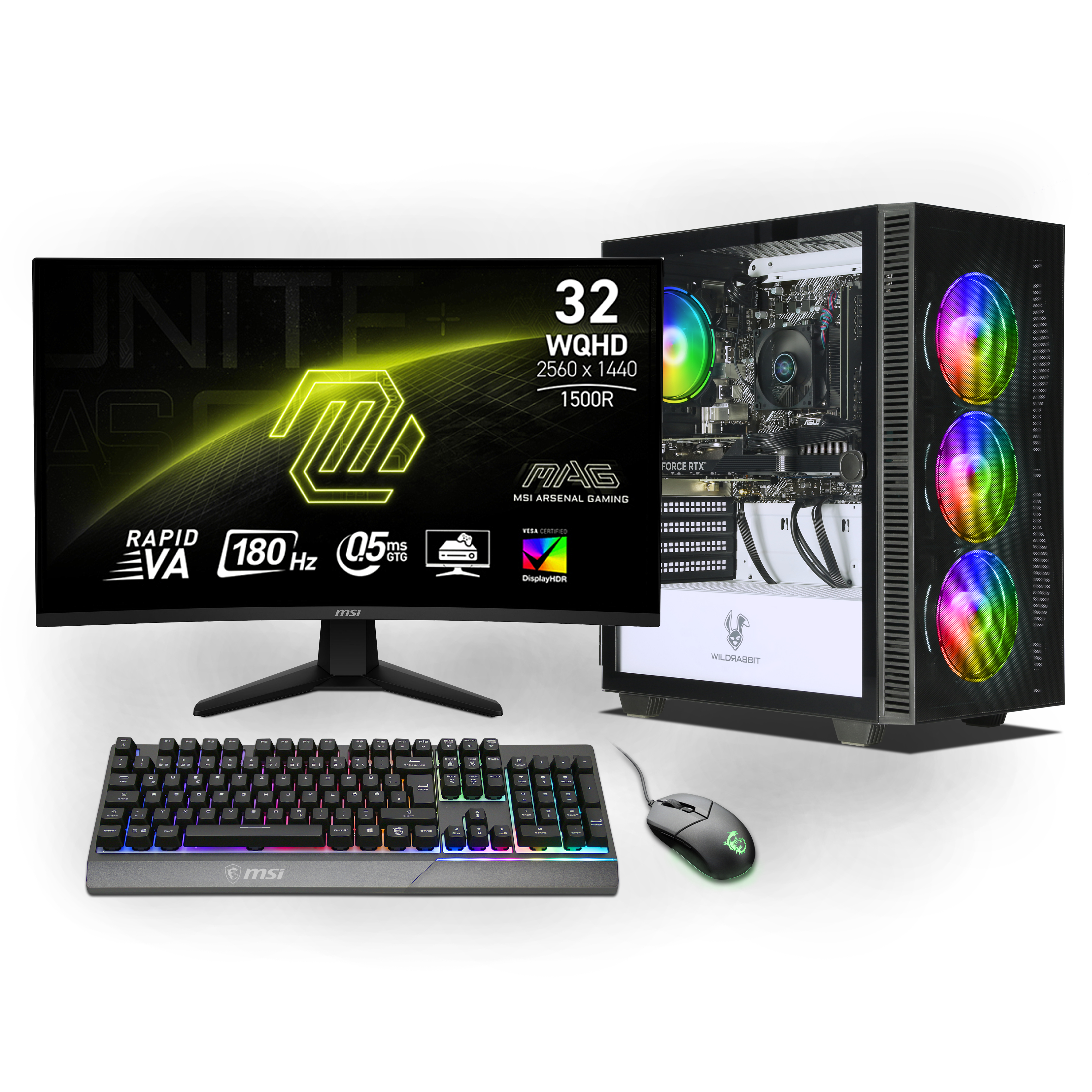 Ankermann Starter Gaming Bundle | AMD Ryzen 7 5700X | Nvidia GeForce RTX 5060 8GB | 32GB RAM | 1TB NVMe SSD | Windows 11 | WLAN | MSI MAG 32" Curved WQHD Gaming Monitor | MSI Forge Maus | MSI RGB Deutsche Tastatur | Libre Office