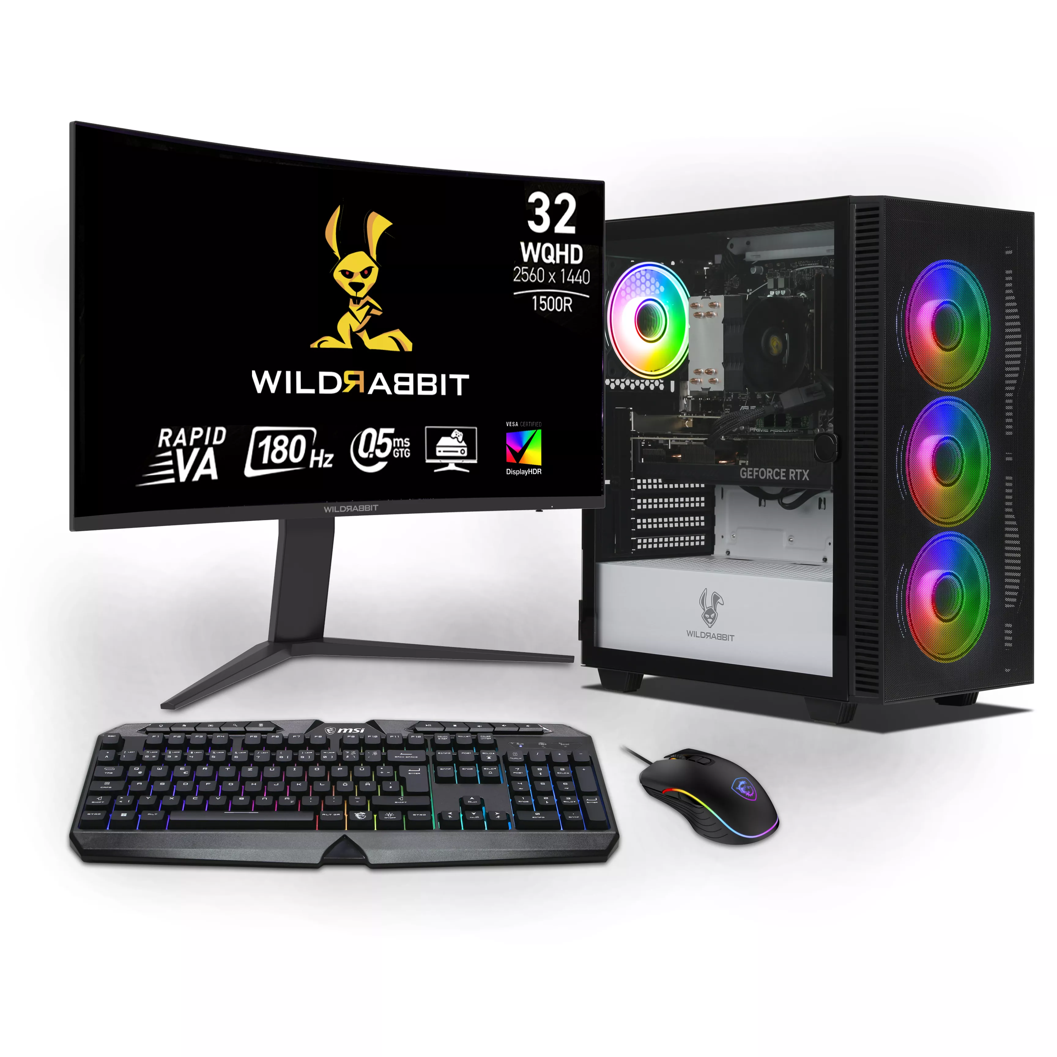 Ryzen Gaming Bundle | AMD Ryzen 7 8700F | Nvidia GeForce RTX 5070 12GB | 32GB DDR5 RAM | 1TB NVMe SSD | Windows 11 | WiFi | Wildrabbit GMX 32" WQHD LCD Gaming Monitor | MSI RGB German keyboard | MSI Forge Mouse | Libre Office