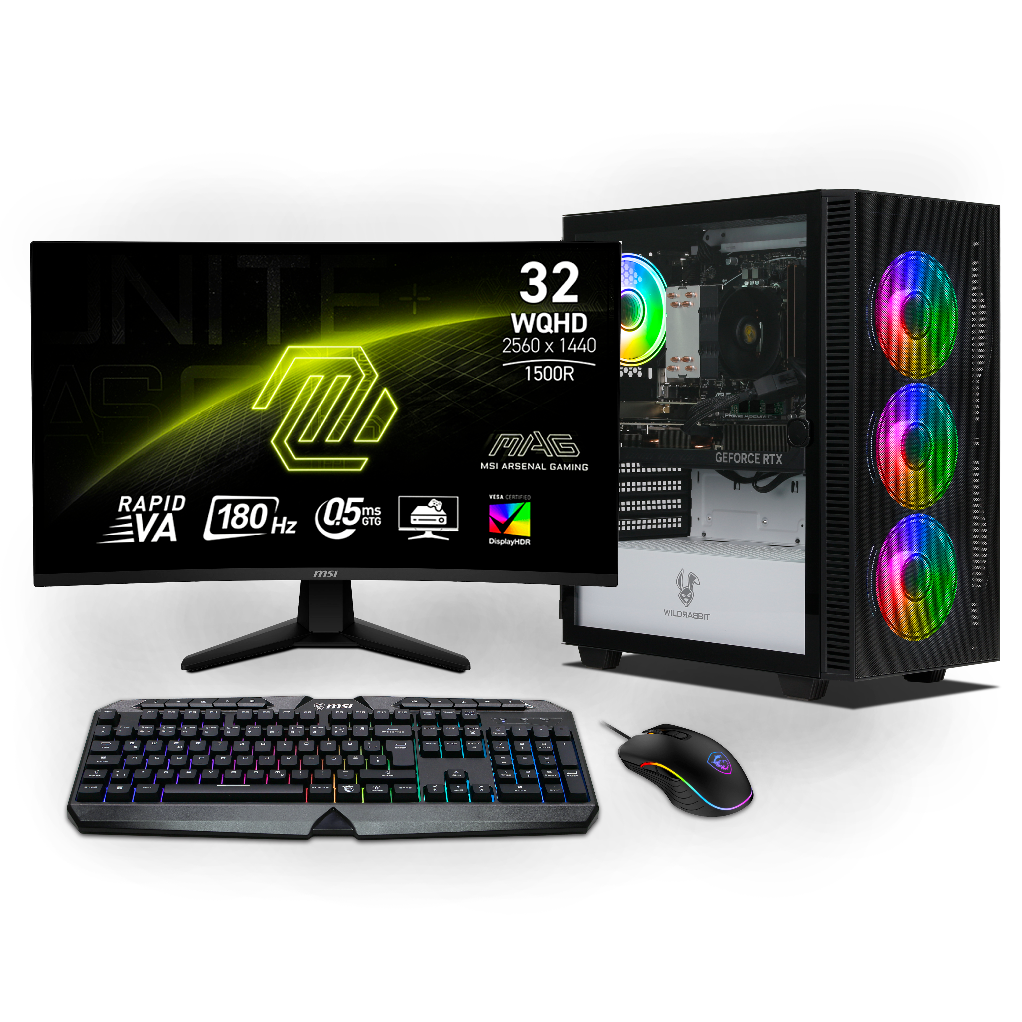Ryzen Gaming Bundle | AMD Ryzen 7 8700F | Nvidia GeForce RTX 5070 12GB | 32GB DDR5 RAM | 1TB NVMe SSD | Windows 11 | WLAN | MSI MAG 32" Curved WQHD Gaming Monitor 180Hz | MSI RGB Deutsche Tastatur | MSI Forge Maus | Libre Office