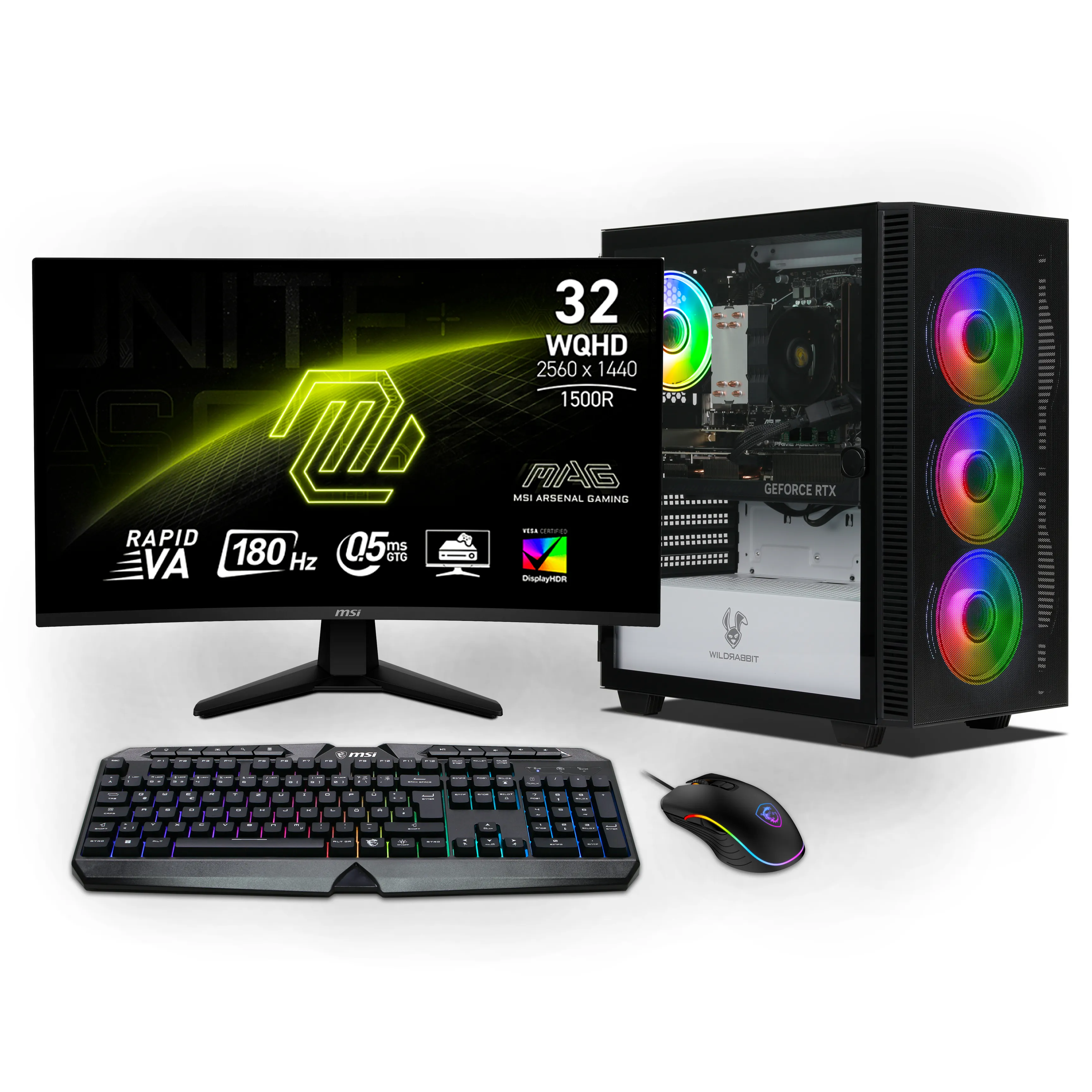 Ryzen Gaming Bundle | AMD Ryzen 7 8700F | Nvidia GeForce RTX 5070 12GB | 32GB DDR5 RAM | 1TB NVMe SSD | Windows 11 | WLAN | MSI MAG 32" Curved WQHD Gaming Monitor 180Hz | MSI RGB Deutsche Tastatur | MSI Forge Maus | Libre Office