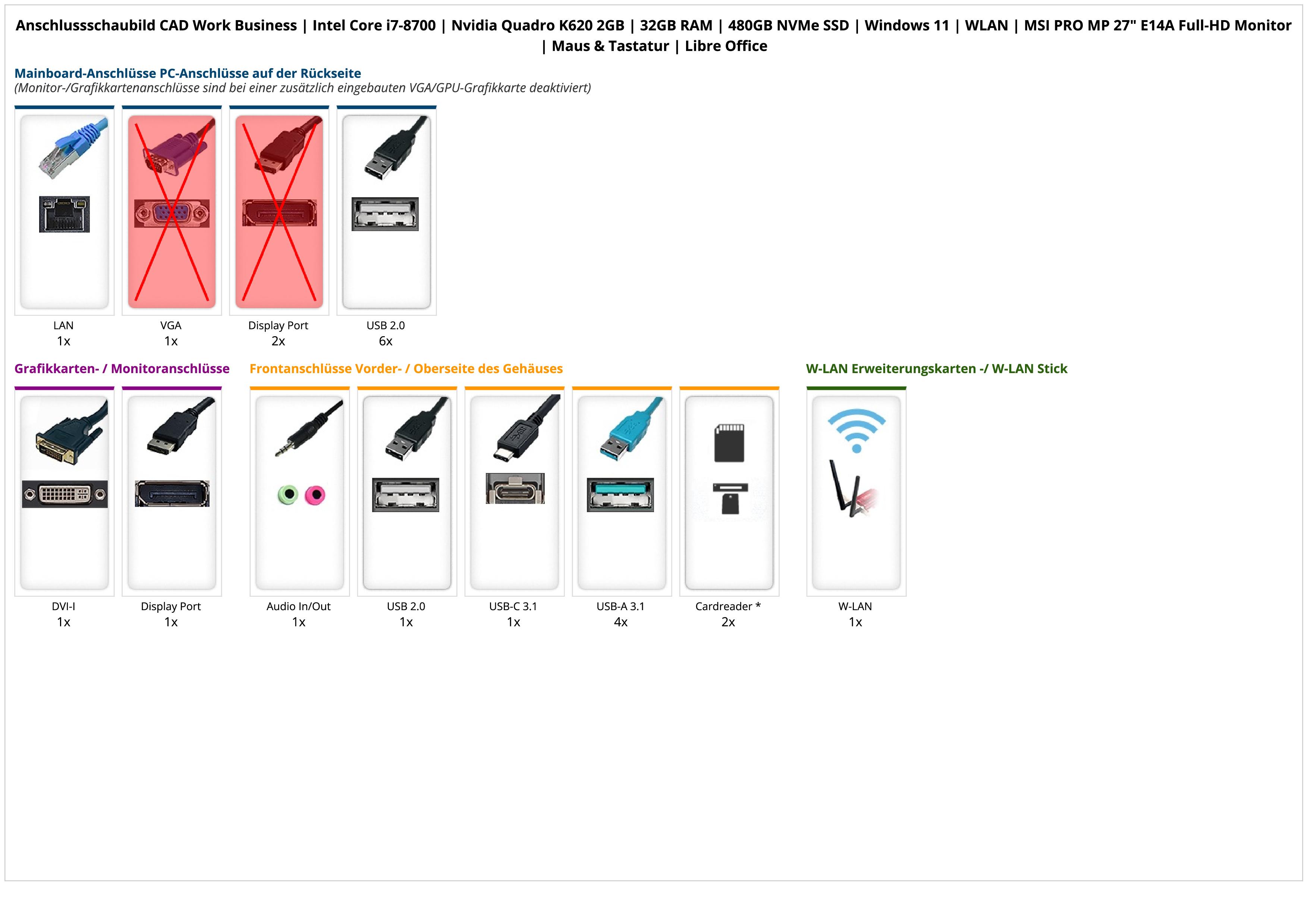 CAD Work Business | Intel Core i7-8700 | Nvidia Quadro K620 2GB | 32GB RAM | 480GB NVMe SSD | Windows 11 | WLAN | MSI PRO MP 27" E14A Full-HD Monitor | Maus & Tastatur | Libre Office CAD Work Business | Intel Core i7-8700 | Nvidia Quadro K620 2GB | 32GB RAM | 480GB NVMe SSD | Windows 11 | WLAN | MSI PRO MP 27" E14A Full-HD Monitor | Maus & Tastatur | Libre Office