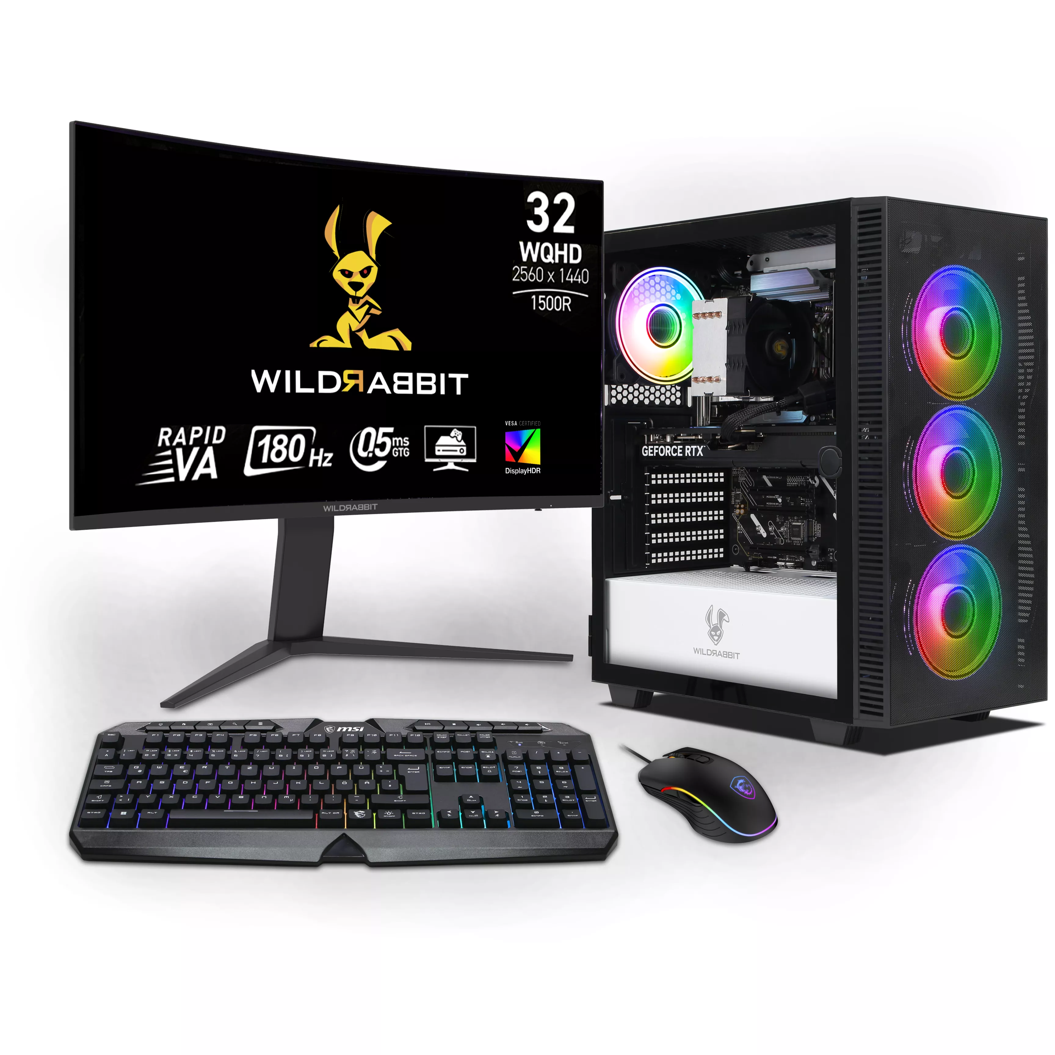 Wildrabbit Ultra Bundle | Intel Core Ultra 7 265KF | Nvidia GeForce RTX 5070 12GB | 32GB DDR5 RAM | 1TB NVMe SSD | Windows 11 | WiFi & Bluetooth | Wildrabbit GMX 32" WQHD LCD Gaming Monitor | Clavier allemand MSI RGB | MSI Forge Mouse