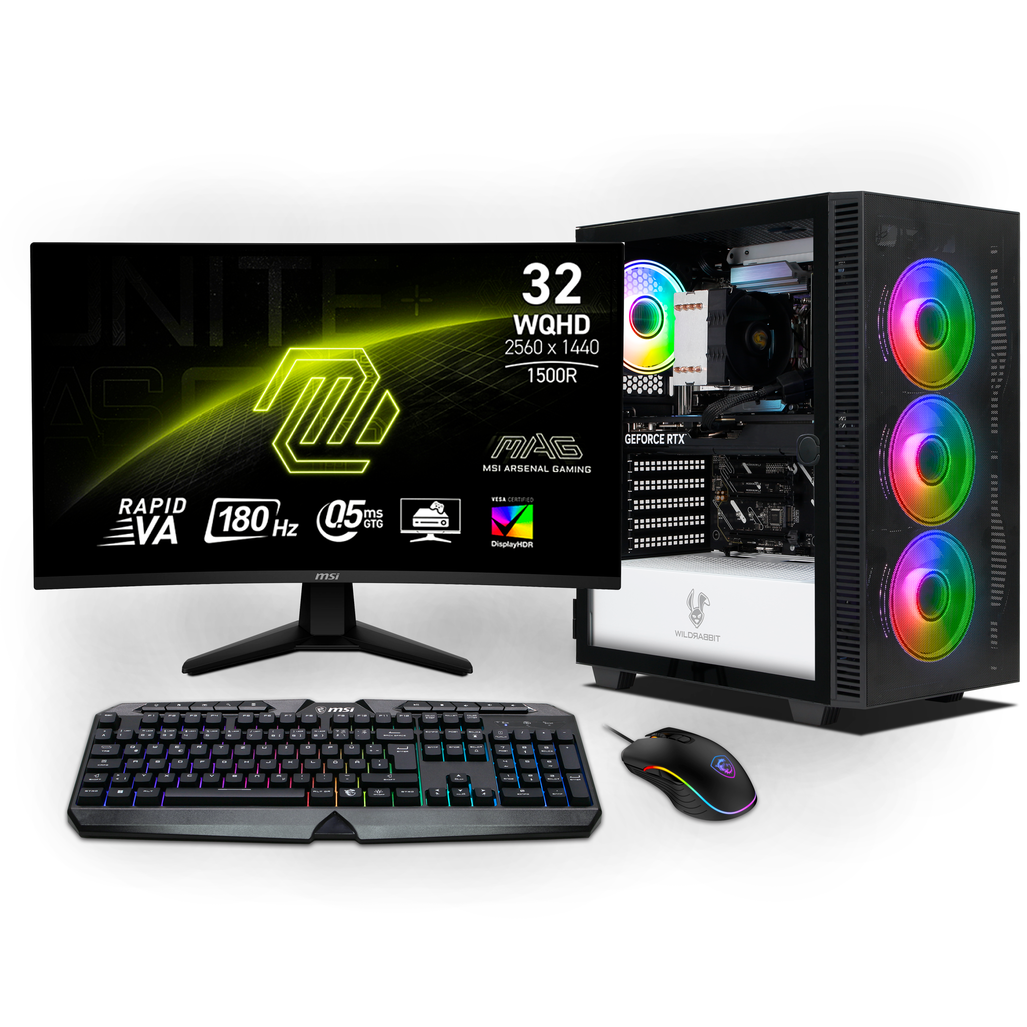 Wildrabbit Ultra Bundle | Intel Core Ultra 7 265KF | Nvidia GeForce RTX 5070 12GB | 32GB DDR5 RAM | 1TB NVMe SSD | Windows 11 | WLAN & Bluetooth | MSI MAG 32" Curved WQHD Gaming Monitor 180Hz | MSI RGB Deutsche Tastatur | MSI Forge Maus Wildrabbit Ultra Bundle | Intel Core Ultra 7 265KF | Nvidia GeForce RTX 5070 12GB | 32GB DDR5 RAM | 1TB NVMe SSD | Windows 11 | WLAN & Bluetooth | MSI MAG 32" Curved WQHD Gaming Monitor 180Hz | MSI RGB Deutsche Tastatur | MSI Forge Maus