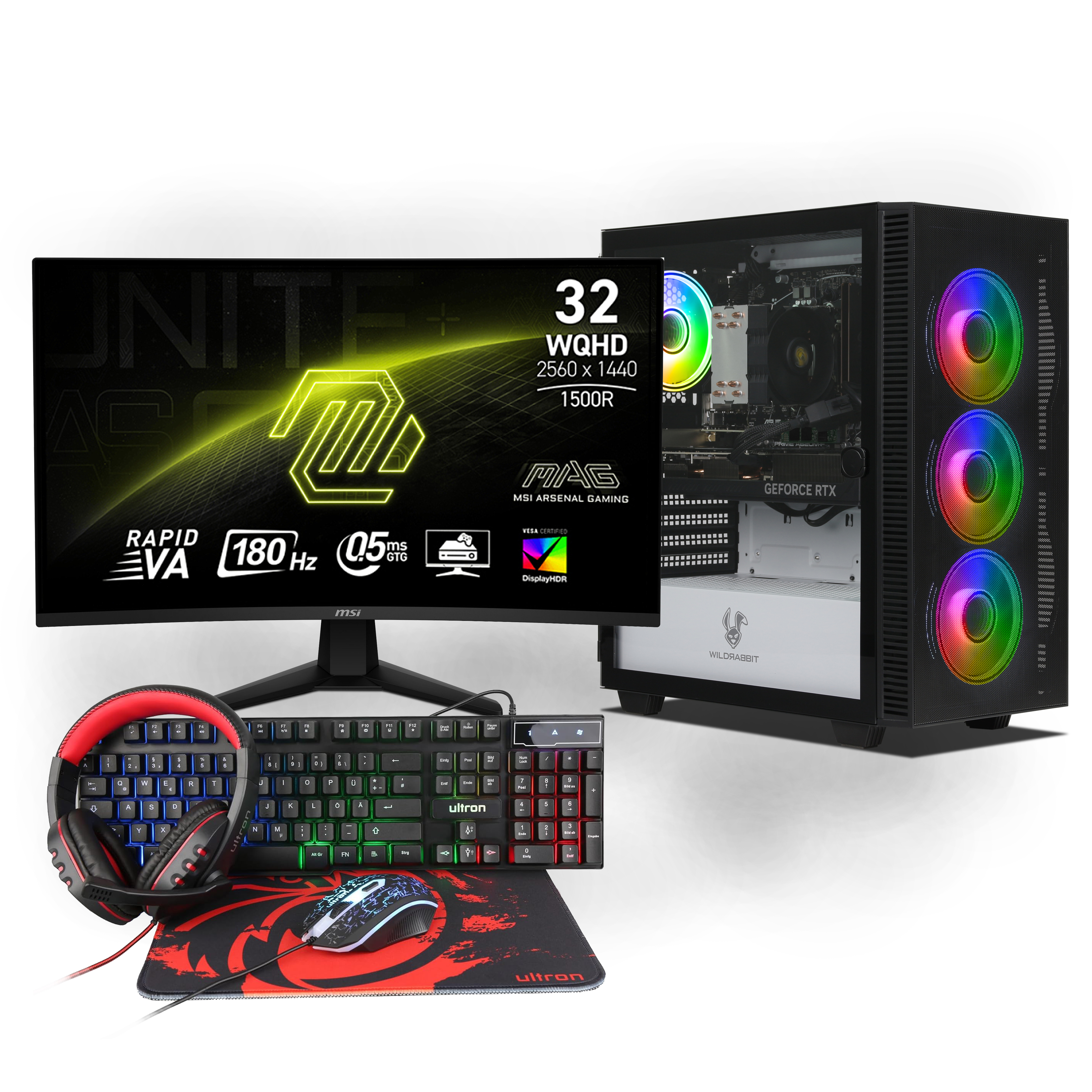 Ryzen Gaming Bundle | AMD Ryzen 7 8700F | Nvidia GeForce RTX 5070 12GB | 32GB DDR5 RAM | 1TB NVMe SSD | Windows 11 | WLAN | MSI MAG 32" Curved WQHD Gaming Monitor | Ultron HAWK RGB 4 in 1 Gaming Set | Libre Office