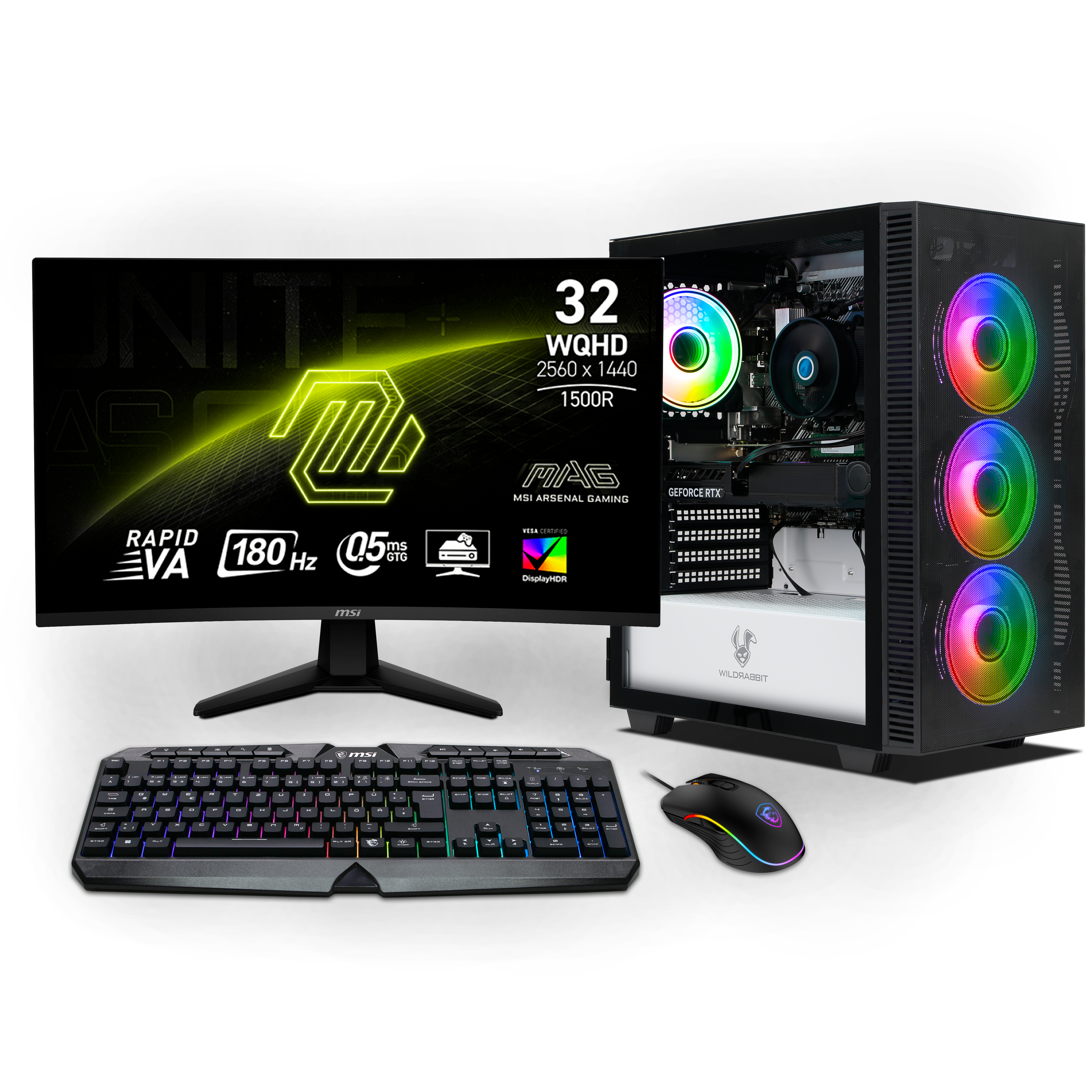 Starter Gaming Bundle | AMD Ryzen 7 5700X | Nvidia GeForce RTX 5060 Ti 8GB | 16GB RAM | 1TB NVMe SSD | Windows 11 | WLAN | MSI MAG 32" Curved WQHD Gaming Monitor 180Hz | MSI RGB Deutsche Tastatur | MSI Forge Maus | Libre Office
