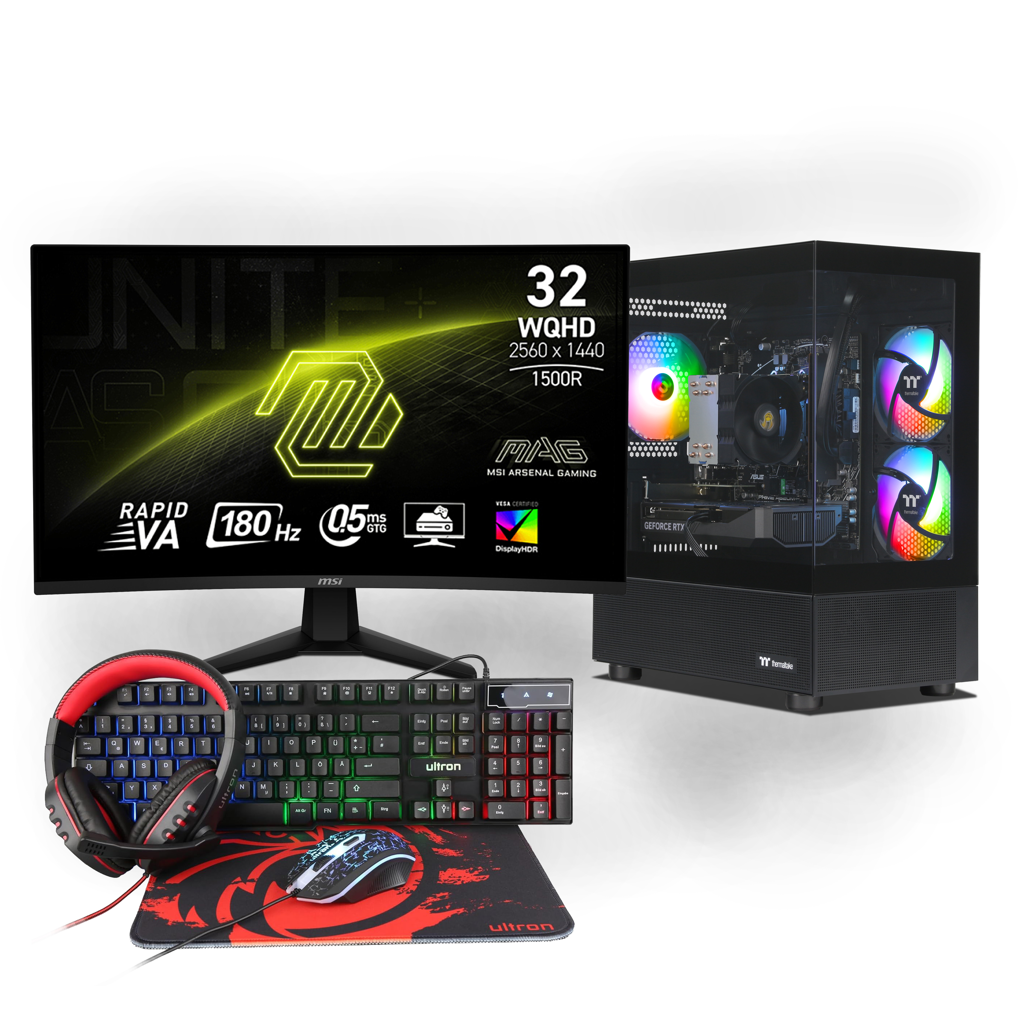 Thermal Gaming Bundle | AMD Ryzen 7 8700F | Nvidia GeForce RTX 5060 Ti 16GB | 16GB DDR5 RAM | 1TB NVMe SSD | Windows 11 | WiFi | MSI MAG 32" Curved WQHD Gaming Monitor | Ultron HAWK RGB 4 in 1 Gaming Set | Libre Office