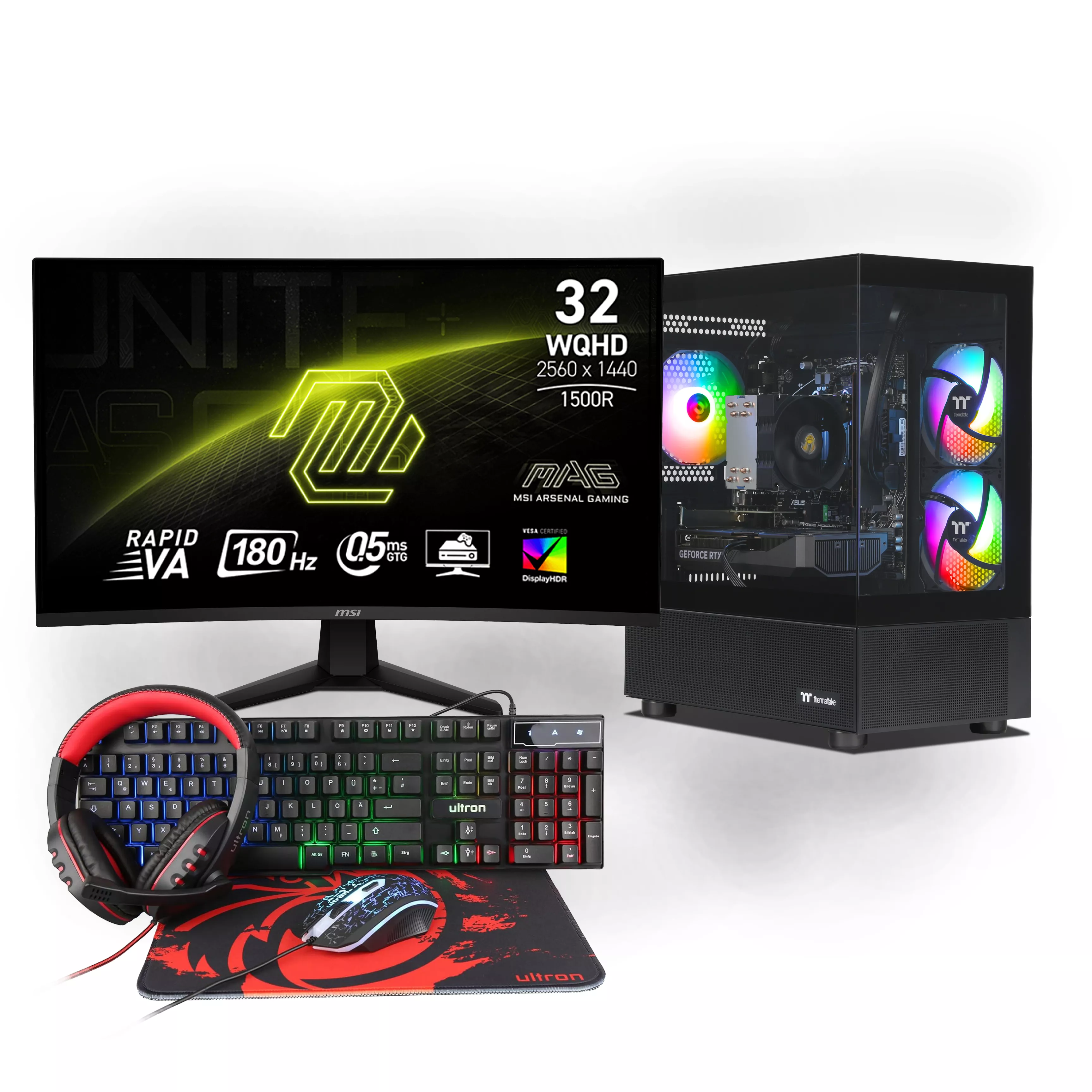 Thermal Gaming Bundle | AMD Ryzen 7 8700F | Nvidia GeForce RTX 5060 Ti 16GB | 16GB DDR5 RAM | 1TB NVMe SSD | Windows 11 | WiFi | MSI MAG 32" Curved WQHD Gaming Monitor | Ultron HAWK RGB 4 in 1 Gaming Set | Libre Office