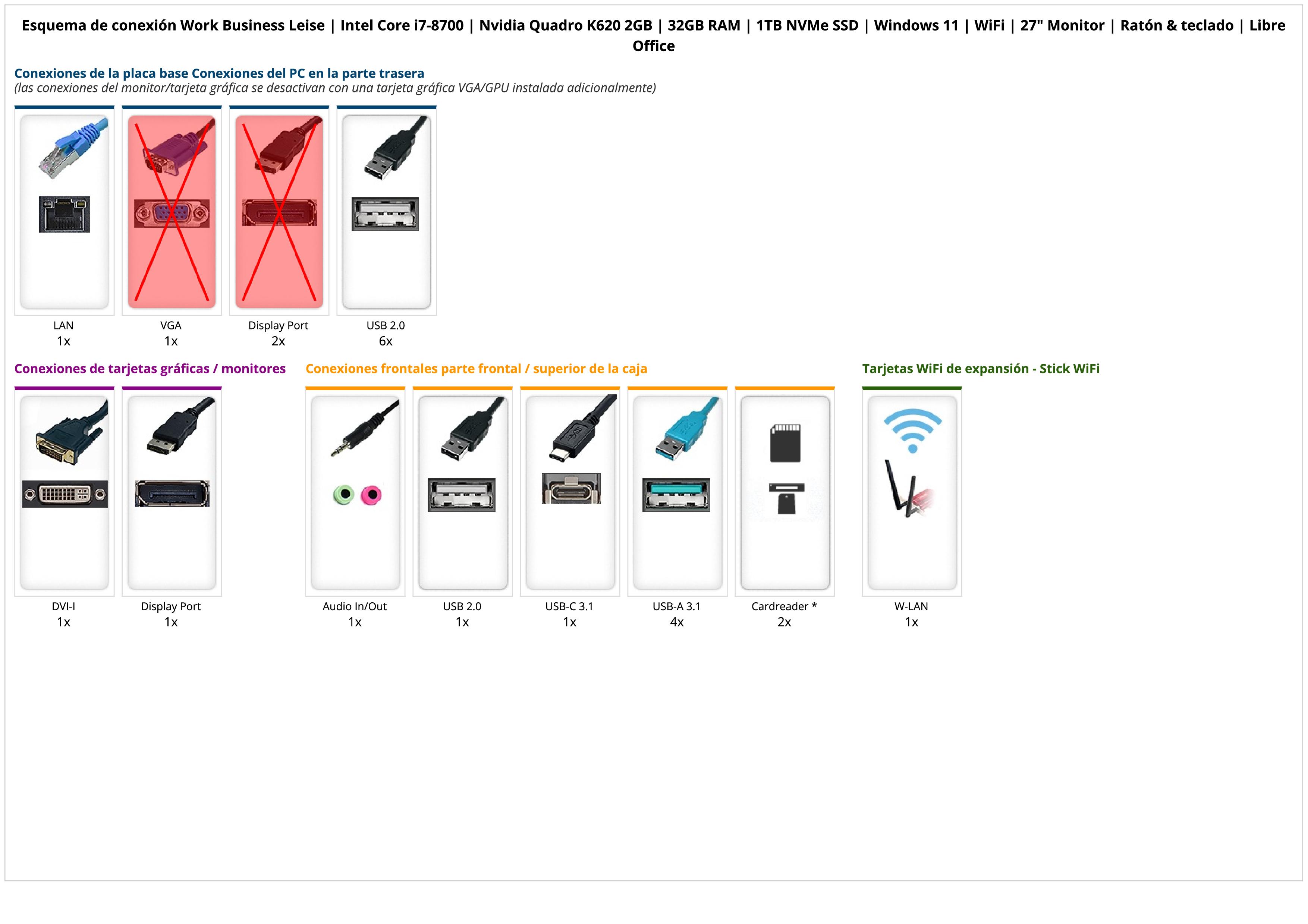 Work Business Leise | Intel Core i7-8700 | Nvidia Quadro K620 2GB | 32GB RAM | 1TB NVMe SSD | Windows 11 | WiFi | 27" Monitor | Ratón & teclado | Libre Office Work Business Leise | Intel Core i7-8700 | Nvidia Quadro K620 2GB | 32GB RAM | 1TB NVMe SSD | Windows 11 | WiFi | 27" Monitor | Ratón & teclado | Libre Office